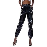 IMEKIS Damen Hohe Taille Cargohose Glänzend Wetlook Elastischer Bund Hologramm Hip Hop Tanzhose Lackleder Jogger Casual Streethose Bühnen Auftritt Partyhose Nachtclub Disco Clubwear Schwarz M