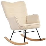 HOMCOM Schaukelstuhl, Schaukelsessel mit Kordoptik, Armlehne, Gepolsterter Sessel mit Holzkufen, Relaxsessel für Wohnzimmer, Schlafzimmer, bis 120kg belastbar, Beige