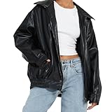 Lederjacke Damen Oversize Lang Kunstleder Motorrad Bikerjacke Motorradjacke Pu Leather Herbst Winter Mantel Bomber Jacke Damen Kurz Outwear Streetwear Schwarz M