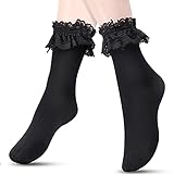 SATINIOR-Socks-45 Damen Rüschen Spitze Tops Knöchelsocken Blickdicht Rüschen Socken Spitzenbesatz Prinzessin Socken für Frauen Mädchen, Schwarz , 46, XL