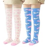 LittleForBig Niedliche kniehohe Socken mit Herzmuster aus Coral Fleece Kniestrümpfe 2 Paar Set - Blau & Weiß