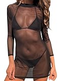 MIZSPISE Damen Badeanzug Cover Up Langes Strandkleid Sexy Bodycon Durchsichtiges Blusenkleid Tüll Minirock mit Langen (DE/NL/SE/PL, Alphanumerisch, Einheitsgröße, Regular, Regular, Schwarz)
