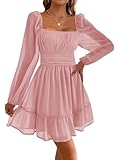 Imily Bela Damen Kleider Square Neck Partykleid Mesh Minikleid High Waist Falten Langarmkleid Hochzeitsgast mit Rüschen(Rosa, XL)