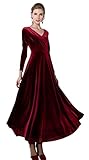 Damen Elegant V-Ausschnitt Langarm Samt Maxi Kleider Party A Linie Lang Abendkleider (S,Weinrot)