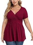 TIANZHU Plus Size Tunika Tops für Frauen Leichte V-Ausschnitt Kurzarm Babypuppen Tops mit Empire Taille Freizeitarbeit Bluse, Weinrot, XXL
