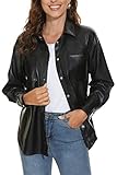 Fahsyee Damen Kunstleder-Shacket, Moto Biker Hemden Loose Fit Blazer mit langen Ärmeln Knopf Freizeitjacke Schwarz Übergröße XL