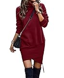 ABYOVRT Damen Kapuzenpullover Kleider Lang Rollkragen Warm Pulloverkleid Plüsch Sweatkleid Langarm Sweatshirt Freizeitkleid Herbst Winter,Weinrot,L