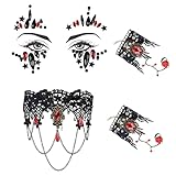 PAPU 4er Halloween Schmuck Set,Vampir Schmuck Gothic Spitze Halskette & Gesicht Edelsteine & Armbänder,Hexen Steampunk Lolita Vampir Kostüm Damen Accessoires für Halloween Karneval Maskerade (Rot)