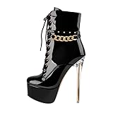 blingqueen Plateau Stiefeletten High Heels Damen Stiletto Ankle Boots Schnürstiefeletten Lacklederoptik Schwarz 42 EU