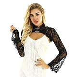 dPois Damen Punk Gothic Bolero Kurzes Crop Tops Schrug Dirndl Bluse aus Spitzen Langarm mit Haken Viktorianische Kostüm für Rollenspiel Party Fasching Schwarz Small