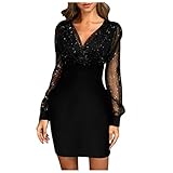 Cocktailkleid Damen, Paillettenkleid Glänzend Abendkleider Sexy Fransen Langarm Glitzer Kleid Cocktailkleid Knielang Hochzeit Festlich Kleider Partykleider Mini Kleid Brautjunfernkleid