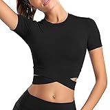 MUYOGRT T-Shirt Damen Sportshirt Kurzarm Crop Top Sexy Sport Oberteil Bauchfreie Sommer Laufshirt Funktionsshirt Atmungsaktiv Leicht Yoga Fitness Shirts Schnelle Trockene Sporttop(Schwarz，M)