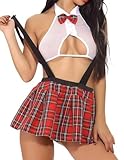 PARUPRUP Schulmädchen Kostüm Damen Sexy Rollenspiel Unterwäsche Dessous Set mit Neckholder Crop Top Transparentem Netzstoff Kariertem Minirock Halloween Roleplay Reizwäsche Studenten Outfit (Weiß)