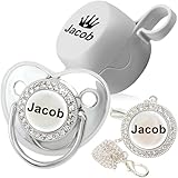 Personalisierte Baby Schnuller, Individuelle Schnullerkette mit Namen für Neugeborene Geschenk (Grau)