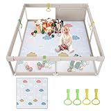 Uanlauo 150x150cm Laufstall Baby mit Spielmatte,Laufgitter Baby,XXL Kinder Laufgitter,Baby-Aktivitätsbereich mit 4 Ziehringen,Innen&Außen Baby Laufstall mit Reißverschlusstür