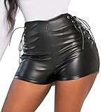 Ledershorts Damen Sexy Leder Shorts Glanz Hohe Taille PU Kurze Hose Push up Kunstlederhose Wetlook High Waist Kurze Lederhose Skinny Lederoptik Leggins Hose Hotpants