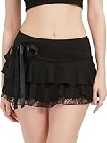Monbessi Minirock Damen Rüschen Rock Spitzenspleißen Rock Kurz Sexy Halloween, Cosplay, Party(M, Schwarz)