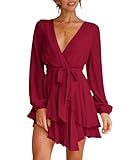 Wenrine Damen Kleider Sexy Tiefer V-Ausschnitt Freizeitkleid A Linie Rüschen Minikleid Langarm Wickelkleid mit Gürtel, Weinrot, M