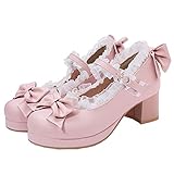 Mary Jane Damenschuhe Pumps mit Blockabsatz und Riemchen 5cm Absatz Rockabilly Schuhe(Pink,39)