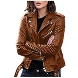Damen Lederjacke Große Größe Kunstlederjacke Langarm Reißverschluss Bikerjacke Kurze Lässig Motorrad Jacke Mode Schlank Schwarz Mantel Frühlingsjacke Übergangsjacke Streetwear (Brown, XXXL)