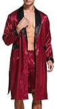 Herren Satin Bademantel, Leichter Seiden Langarm Bademantel mit Shorts Set, Spa Kimono Nachtwäsche (Burgund/Schwarz, XXL)