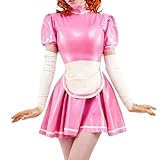 MesKeL Pink and White Sexy French Maid Latex Dress with Trims at Apron Rubber Uniform Playsuit Bodycon -Black with White-Female XL