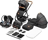 LIONELO Amber Kinderwagen 3 in 1 Kombikinderwagen Set sportlicher Sitz fester Babywanne Autositz Tasche Moskitonetz Regenschutz XXL-Dach mit Sonnenschutz (GRAU GRAFIT)