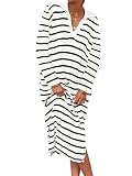 Imily Bela Pulloverkleid Damen Langarm Gestreiftes Strickkleid Elegant Sexy Schlitz V-Ausschnitt Pullikleid Winterkleid Sweater Pulli lockeres Grob Gestrickt Minikleid Herbst Freizeitkleid