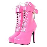 PROMI High Heels Hohe Absätze 15CM Schnürstiefel Aus Lackleder-Pink||45