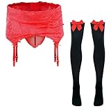 FEOYA Herren Sissy Dessous Tanga Lingerie Set Slip Spitzen Männer Unterwäsche mit Lange Strümpfe 2tlg