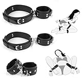 BDSM Bondage Handgelenk Oberschenkel und Knöchelriemen Fesseln Set, Sexspielzeug für Frauen mit Verstellbaren Beinriemen Handschellen, Leder 3 in 1 Kit für Paare Anfänger Spiel (Dark)
