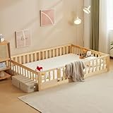 LALAHO 2-in-1 Bodenbett Montessori Kinderbett mit freien Toren, Herausfallschutz & Lattenrost | Gitterbett, Kinder-Jugendbett, Einzelbett | Naturholz 140×200 cm - bis 300 kg Tragfähigkeit, umbaubar