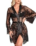 ohyeahlady Kimono Damen Spitze Sexy Negligee Set Große Größen Babydoll Morgenmantel Braut Bademantel Japanisch Dessous Bride Nachtwäsche Durchsichtig Nachthemd mit Gürtel G-String Schwarz,M-L