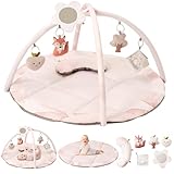 Fortella Spielbogen Baby, Spielmatte mit Bauchzeit Kissen und 5 Sensorik Spielzeug Abnehmbarem,Naturthemen Krabbeldecke für Babys ab der Geburt, Neugeborene & Kinder, 0-6-9-12 monate-Rosa