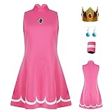 AYYOHON Prinzessin Pfirsich Cosplay Kostüm Damen Prinzessin Gänseblümchen Rosalina Tenniskleid mit Krone Ohrringen Erwachsene Halloween Anzug L