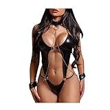 Sexy Clubwear Damen Erotic Dessous Lackleder V-Ausschnitt Babydoll Bodysuit Wetlook Body Brustfrei BH Latex Catsuit Ouvert Dessous Carnival Panties Trikot Body Ringershirt