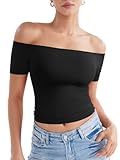 ZAAYO Schulterfreies T Shirt Damen Double Lined Y2K Summer Crop Top Sport Top Gym Oberteil Damen Basic Sporttshirt Schwarz S