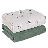 GLLQUEN BABY Pucktücher neugeborenen 2 Stück, Musselin-Baumwolle kinderdecke,95x100cm kuscheldecke für Kinder,Kleinkinder,Kinderbett,Kinderwagen,Junge oder Mädchen babydecke(Sage)