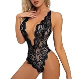 FLLAGG20 Sexy Dessous Spitze Unterwäsche Body Lingerie Hot Babydoll V-Ausschnitt Nachtwäsche Pyjamas Transparentes Nachthemd bodysuit unterwäsche damen Babydoll Négligé (BLACK, M)