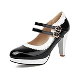 Mode Frauen T-Strap High Heels Bogen Plattform Runde Zehe Pumpen Leder Sommer Süße Schuhe（Black 112，37）