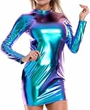 Glänzendes Langarmkleid für Damen, figurbetontes Minikleid aus Stretch Leder, sexy metallischer Wetlook Rundhals Club Hüftrock, schmal geschnittene Mini Bleistiftkleider für nächtliche Party Rave