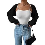 Damen Y2K vorne offen abgeschnitten Strickjacke Langarm solide Farbe gerippt Stricken Shrug Pullover Bolero Tops (Black, M)