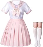 Elibelle Klassisches japanisches Anime-Schulmädchen-Kleid mit Socken, Haarnadel-Set, weiß/rosa, M