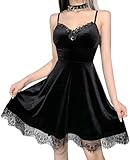XKBHYD Gothic Kleid Damen Schwarz Samt V-Ausschnitt Ärmellos Rückenfrei Sexy Minikleid Partykleid Halloween Kostüm mit Spitze