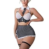 PIIKNUO Schulmädchen Outfit Cosplay Damen für Sex Reizwäsche Set Mit BH Gestreiftem Minirock Netzstrümpfen Kombinieren Cosplay Sekretärin Outfit (XL)