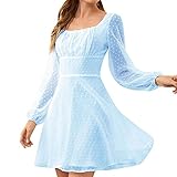 Masrin Skaterkleid Damen Elegantes modisches einfarbiges Jacquard Chiffon-Kleid A-Linien-Kleid mit eckigem Kragen und Langen Ärmeln Swingkleid mit hohem Bund und Patchwork Minikleid Party Kleid