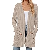 Cardigan Damen Strickjacken Für Lang Einfarbig Langarm Herbst Open Front Sweater Strickcardigan Mit Taschen Strickweste Pullover Elegant