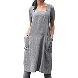 Kleider Damen Schürzenkleid Leinen Schürze Kleid mit Taschen,Lulupi Leinenkleid Ärmellos Knielang Sommerkleid Vintage Freizeitkleid Japanische Arbeitskleidung Minikleid
