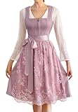 EIISSION Dirndl Damen Trachtenkleid Dirndlkleid midi Tracht Damen Lang Rosa 3 Teilig mit Trachtenrock Langärmel Dirndlbluse Schürze Trachtenmode Trachten Kleid für Oktoberfest 40