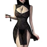 SNOMYRS Frauen Cheongsam Kleid Sexy Mesh Rave Outfits Goth Chinese Cosplay Dessous High Split Qipao Bodysuit Kostüm